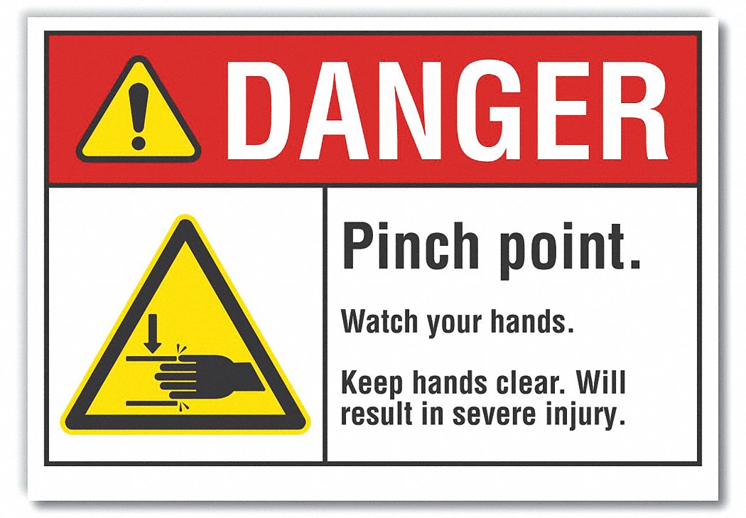 Pinch Point Danger Label: Polyester, Adhesive Sign Mounting, 10 in x 14 in Nominal Sign Size