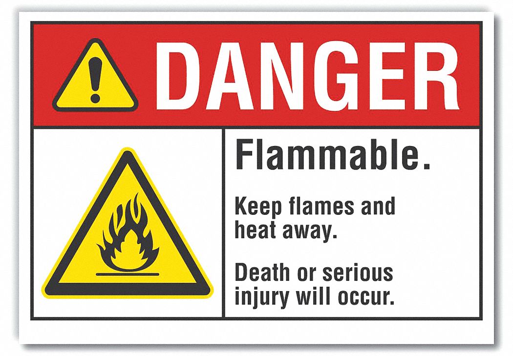  Flammable Material Danger Label: Polyester, Adhesive Sign Mounting, 5 in x 7 in Nominal Sign Size