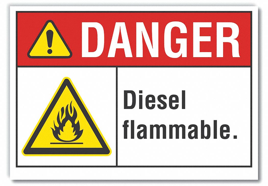  Diesel Danger Label: Polyester, Adhesive Sign Mounting, 3 1/2 in x 5 in Nominal Sign Size