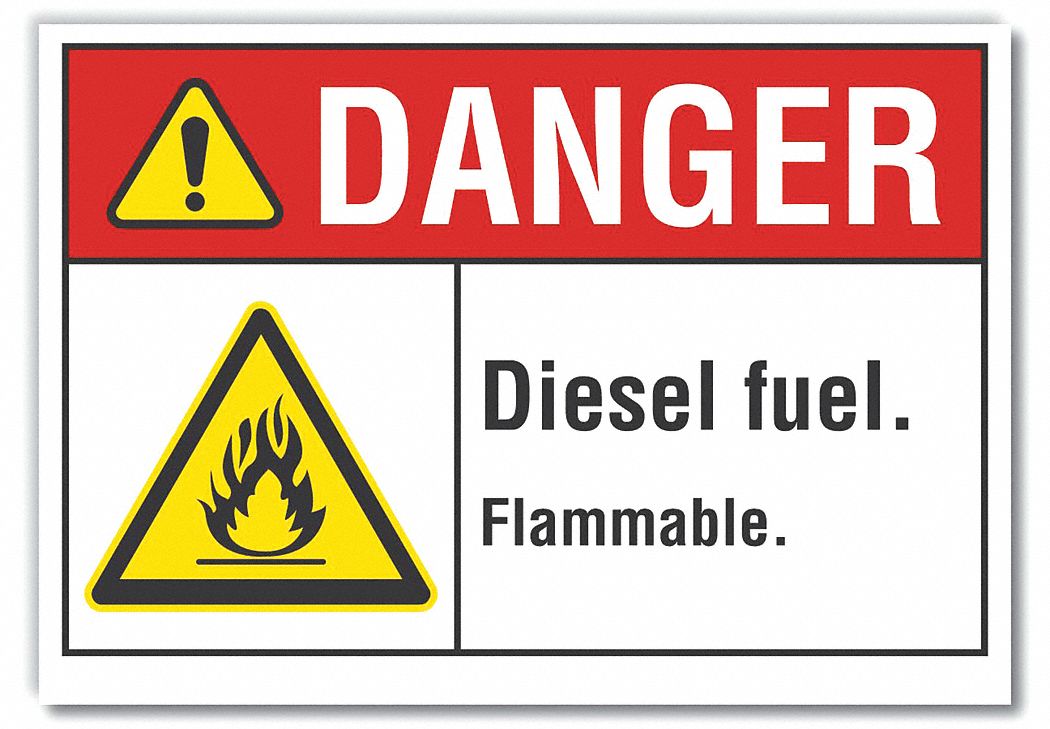 LYLE Danger Sign, Sign Format ANSI/OSHA Format, Diesel Fuel. Flammable., Sign Header Danger