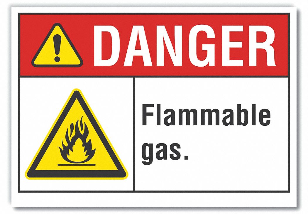  Flammable Gas Danger Label: Polyester, Adhesive Sign Mounting, 10 in x 14 in Nominal Sign Size