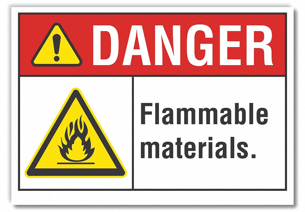  Flammable Material Danger Label: Polyester, Adhesive Sign Mounting, 5 in x 7 in Nominal Sign Size