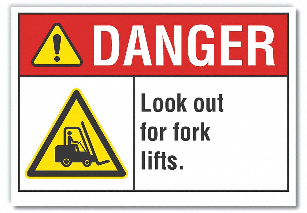  Lift Truck Traffic Danger Label: Polyester, Adhesive Sign Mounting, 10 in x 14 in Nominal Sign Size