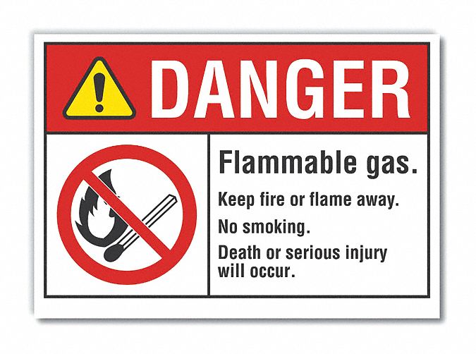  Flammable Gas Danger Label: Polyester, Adhesive Sign Mounting, 10 in x 14 in Nominal Sign Size