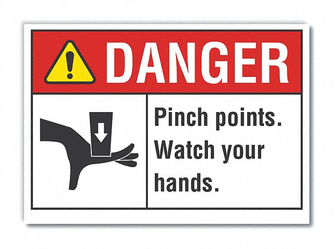  Pinch Point Danger Label: Polyester, Adhesive Sign Mounting, 10 in x 14 in Nominal Sign Size