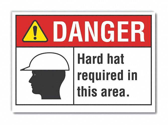  Hard Hat Danger Label: Polyester, Adhesive Sign Mounting, 10 in x 14 in Nominal Sign Size, Danger