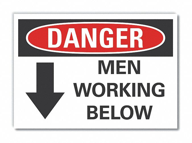 Men Working Danger Label: Polyester, Adhesive Sign Mounting, 10 in x 14 in Nominal Sign Size