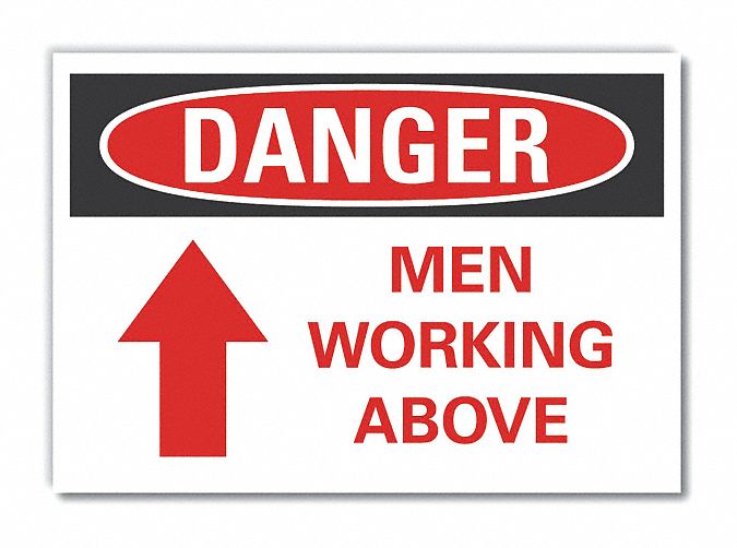  Men Working Danger Label: Polyester, Adhesive Sign Mounting, 10 in x 14 in Nominal Sign Size