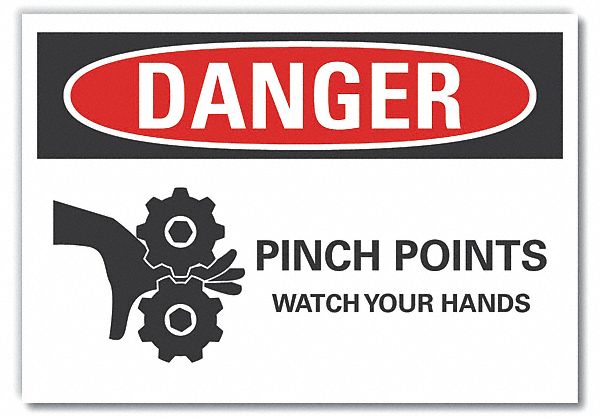  Pinch Point Danger Label: Polyester, Adhesive Sign Mounting, 10 in x 14 in Nominal Sign Size