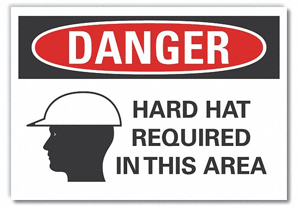  Hard Hat Danger Label: Polyester, Adhesive Sign Mounting, 10 in x 14 in Nominal Sign Size, Danger