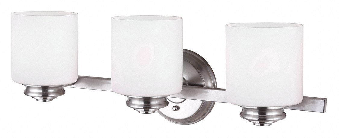 CRAWFORD VANITY LIGHT, INCANDESCENT, METAL, SILVER, 115V AC, GLASS LENS, WHITE LIGHT, 23 1/4 IN L