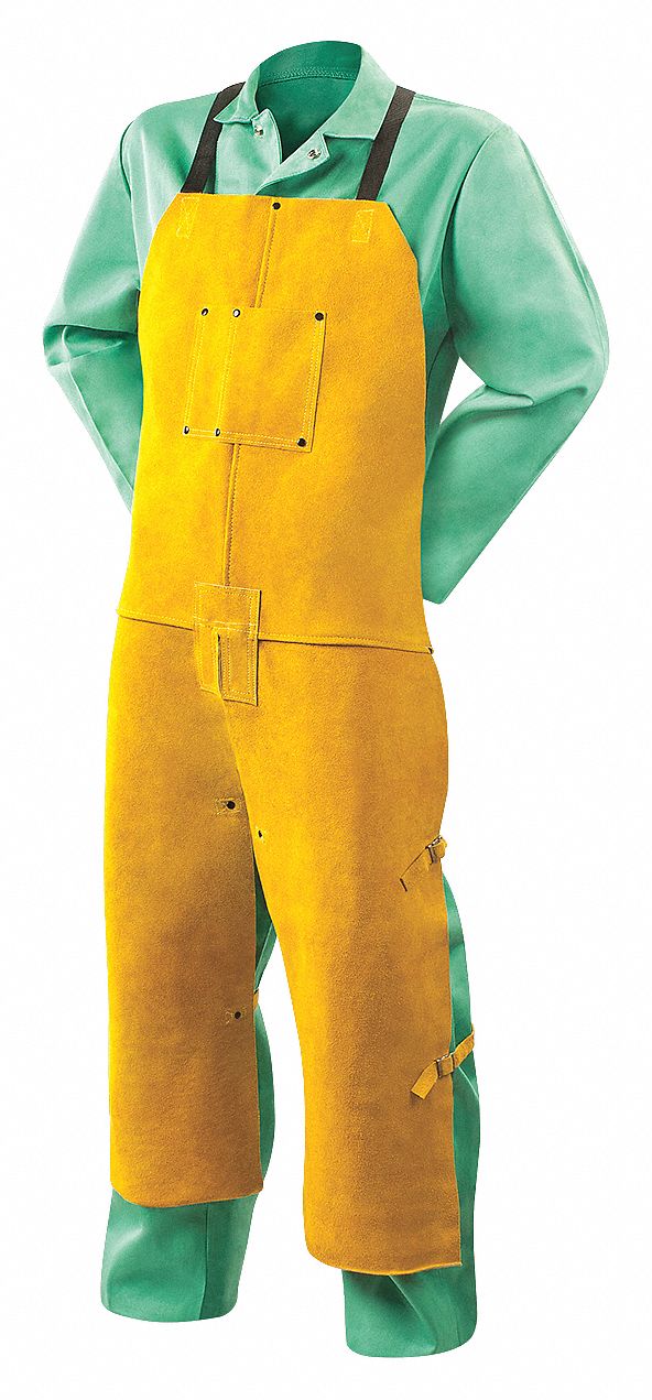 Welding Apron: Split Leg Apron, 48 in Lg, Yellow, Cowhide, 3 oz/sq ft Fabric Wt, Adj Buckle