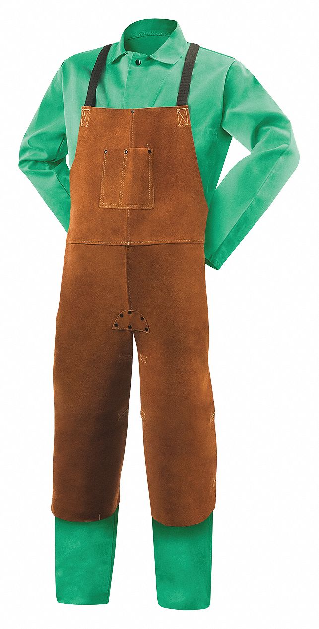 COWHIDE WELDING, SPLIT LEG BIB APRON, SPLIT APRON, 42 IN L, BROWN, COWHIDE, 24 WD