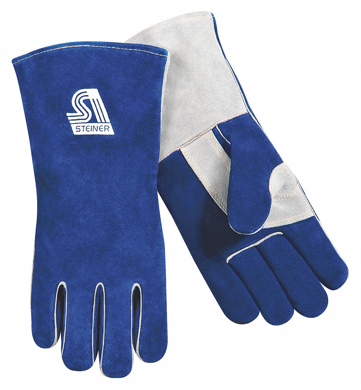 Cowhide, Stick Welding Gloves, L, PR1: Wing Thumb, Gauntlet Cuff, Premium, Blue/Tan Cowhide, 1 PR
