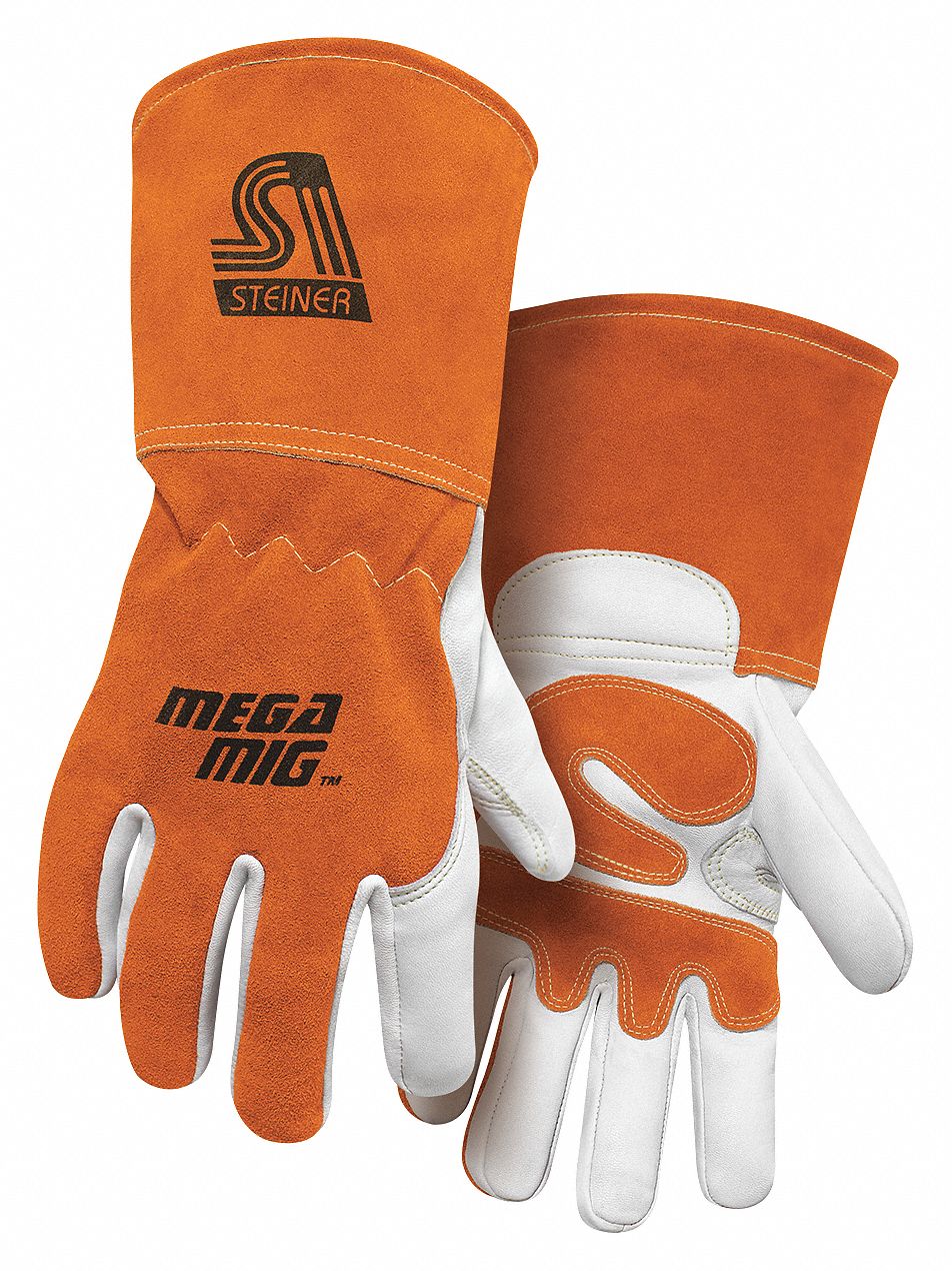 GANTS DE SOUDAGE MIG,MANCHETTE LONGUE,M,POUCE AILÉ,MANCHETTE DE GANTELET,MARRON/BLANC