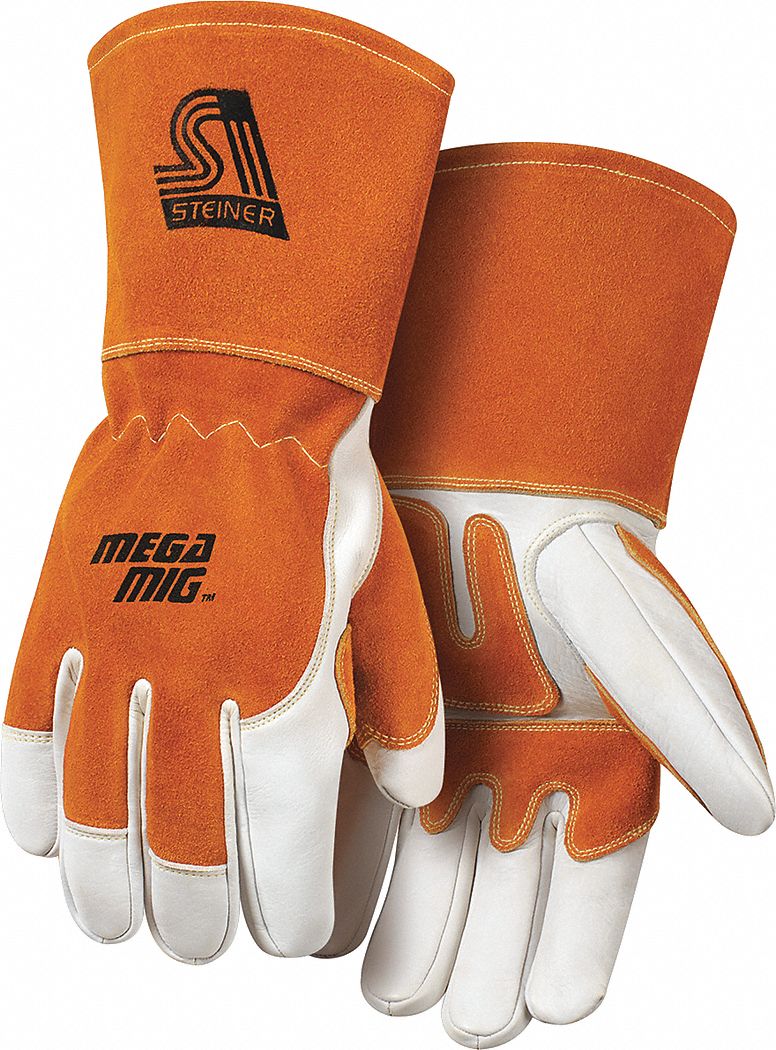 MIG Welding Gloves, Long Cuff, 2XL, PR1: Wing Thumb, Gauntlet Cuff, Premium, Brown/White Cowhide, 1 PR