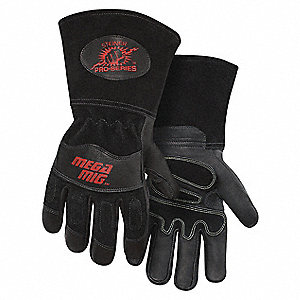 WELDING GLOVES, MIG, BLACK, WING THUMB, COTTON, 14 IN LENGTH, COWHIDE LEATHER