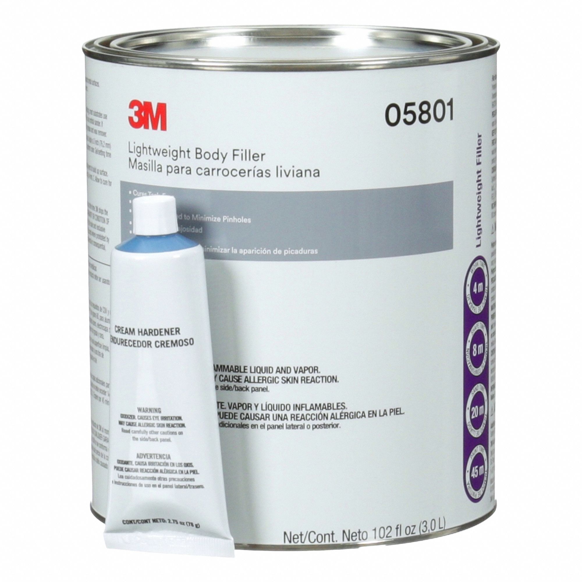 Body Filler: Polyester, Gray, Aluminum/Fiberglass/Metal, 4 min Working Time, Can, ANSI/OSHA, 4 PK