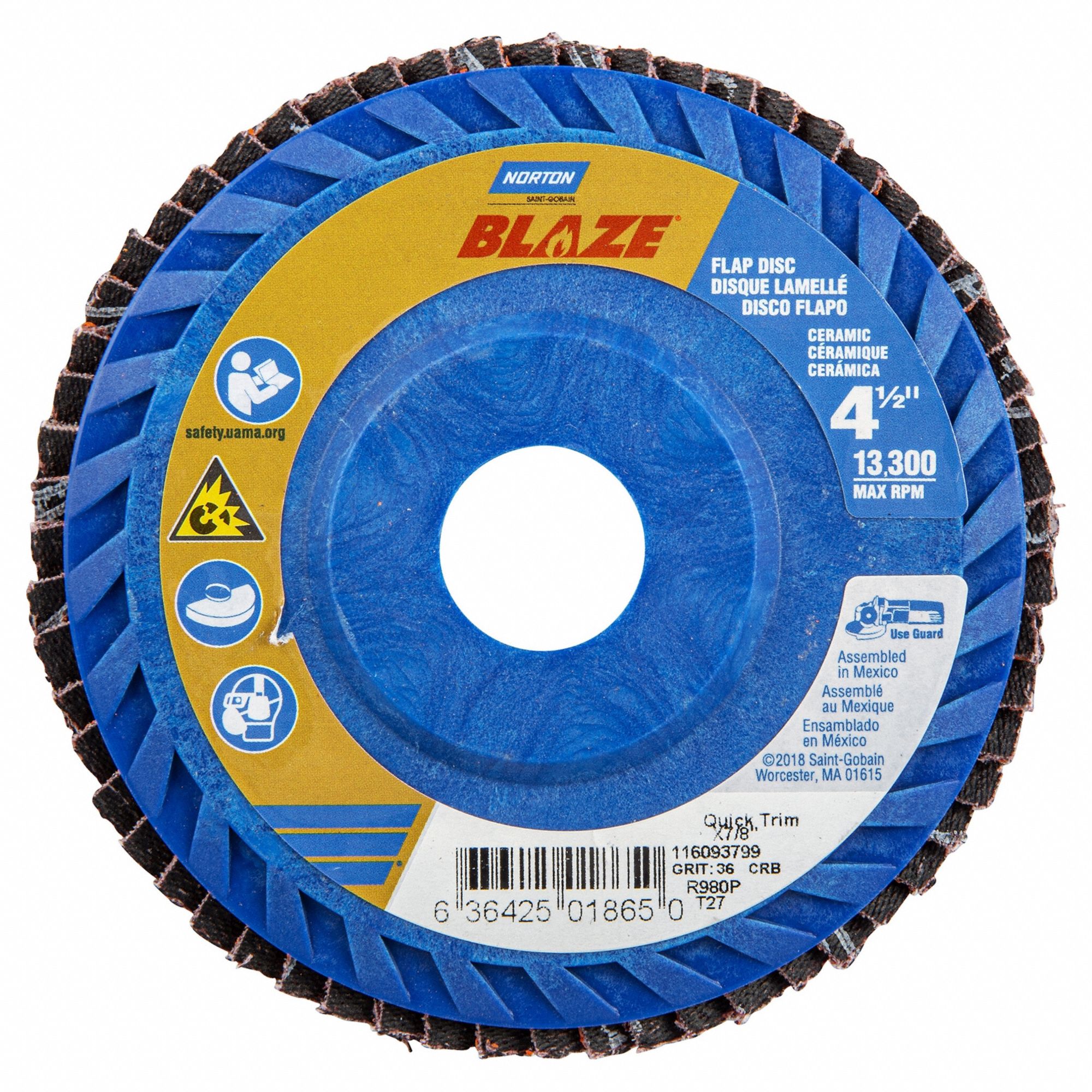 Flap Disc: Type 27, 4-1/2" x 7/8", Ceramic, 36 Grit, Plastic Bk, Std Density, Blaze R980P