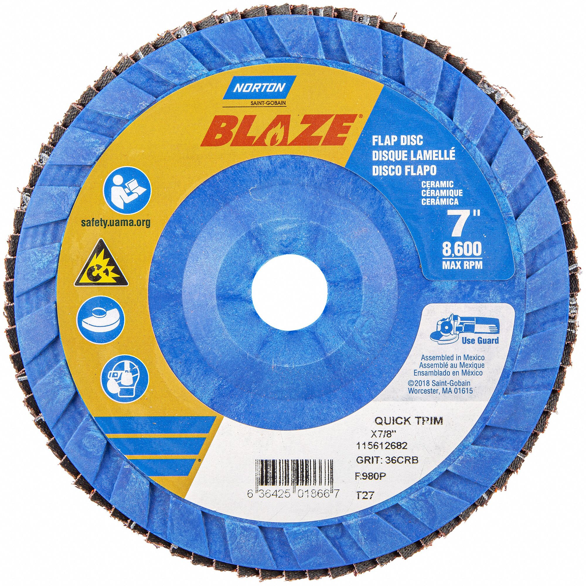 NORTON FLAP DISC, TYPE 27, 7 IN X ⅞ IN, CERAMIC, 36 GRIT