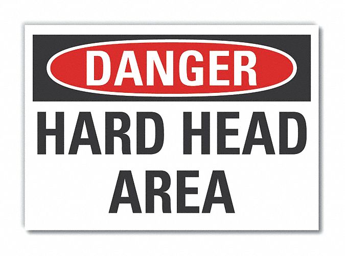 Hard Hat Danger Label: Polyester, Adhesive Sign Mounting, 10 in x 14 in Nominal Sign Size