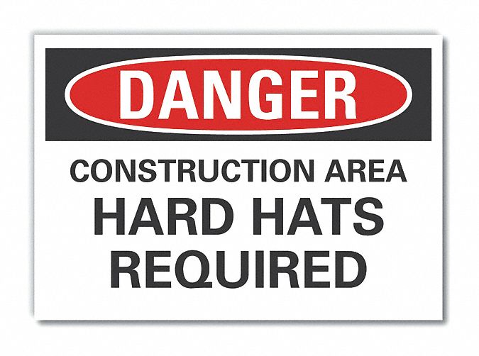  Construction Area Danger Label: Polyester, Adhesive Sign Mounting, Not Retroreflective, Danger