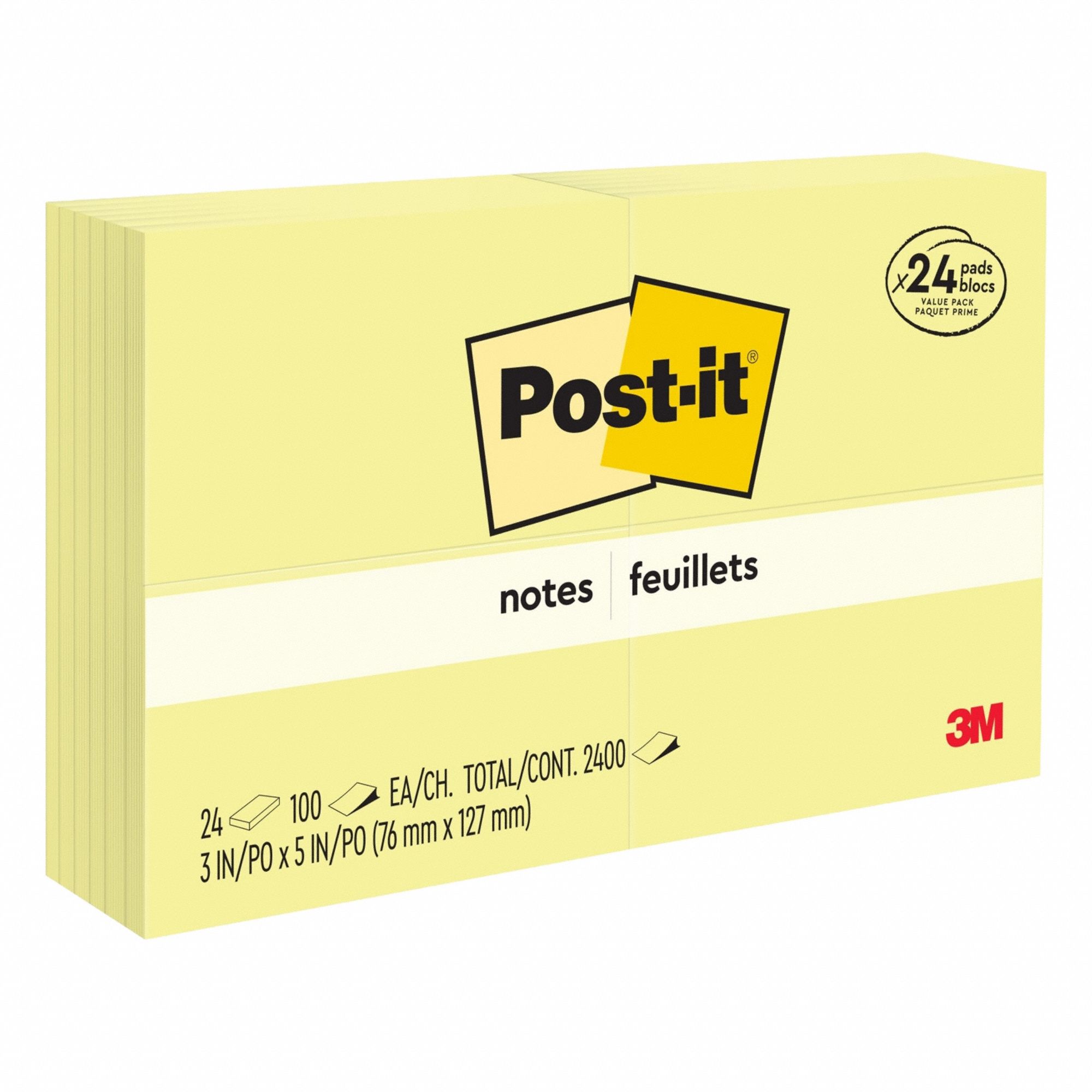 Sticky Notes: Yellow, Std, 100 Sheets per Pad, 24 Pads per Pack, 3 in x 5 in, 24 PK