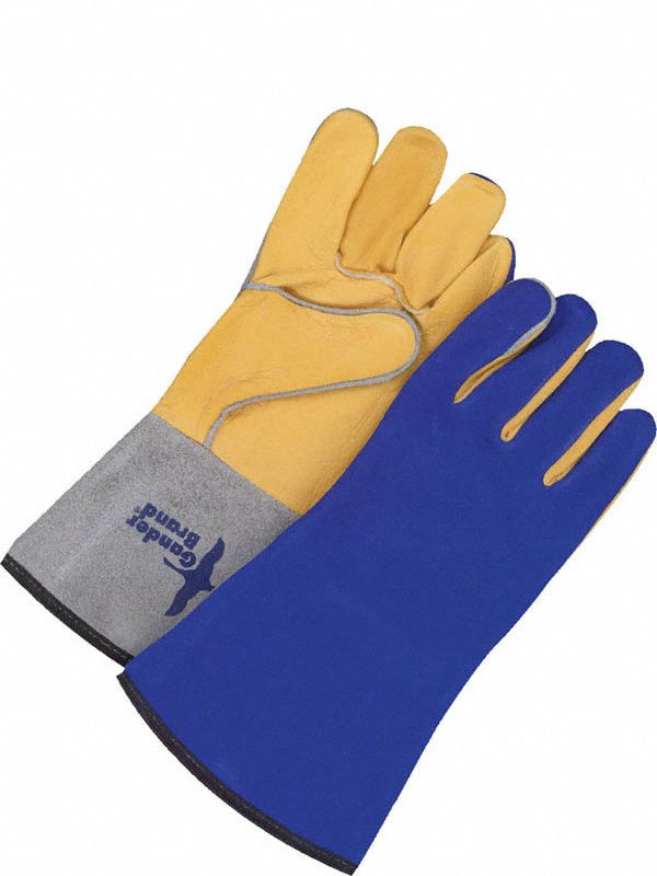 Welding Gloves: Wing Thumb, Gauntlet Cuff, Premium, Blue Cowhide, One Size Glove Size, 1 PR