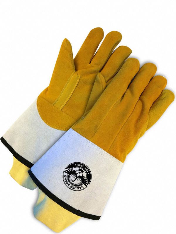 Welding Gloves: Straight Thumb, Gauntlet Cuff, Premium, Yellow Deerskin, 2XL Glove Size, 1 PR