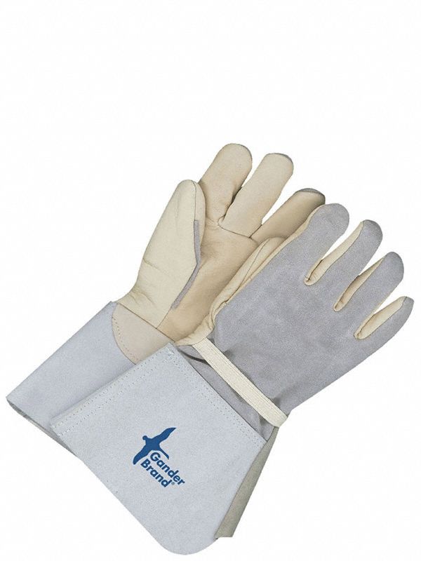 Welding Gloves: Wing Thumb, Gauntlet Cuff, Premium, Gray Cowhide, BDG® Gander Brand® 64-9-1268, 1 PR