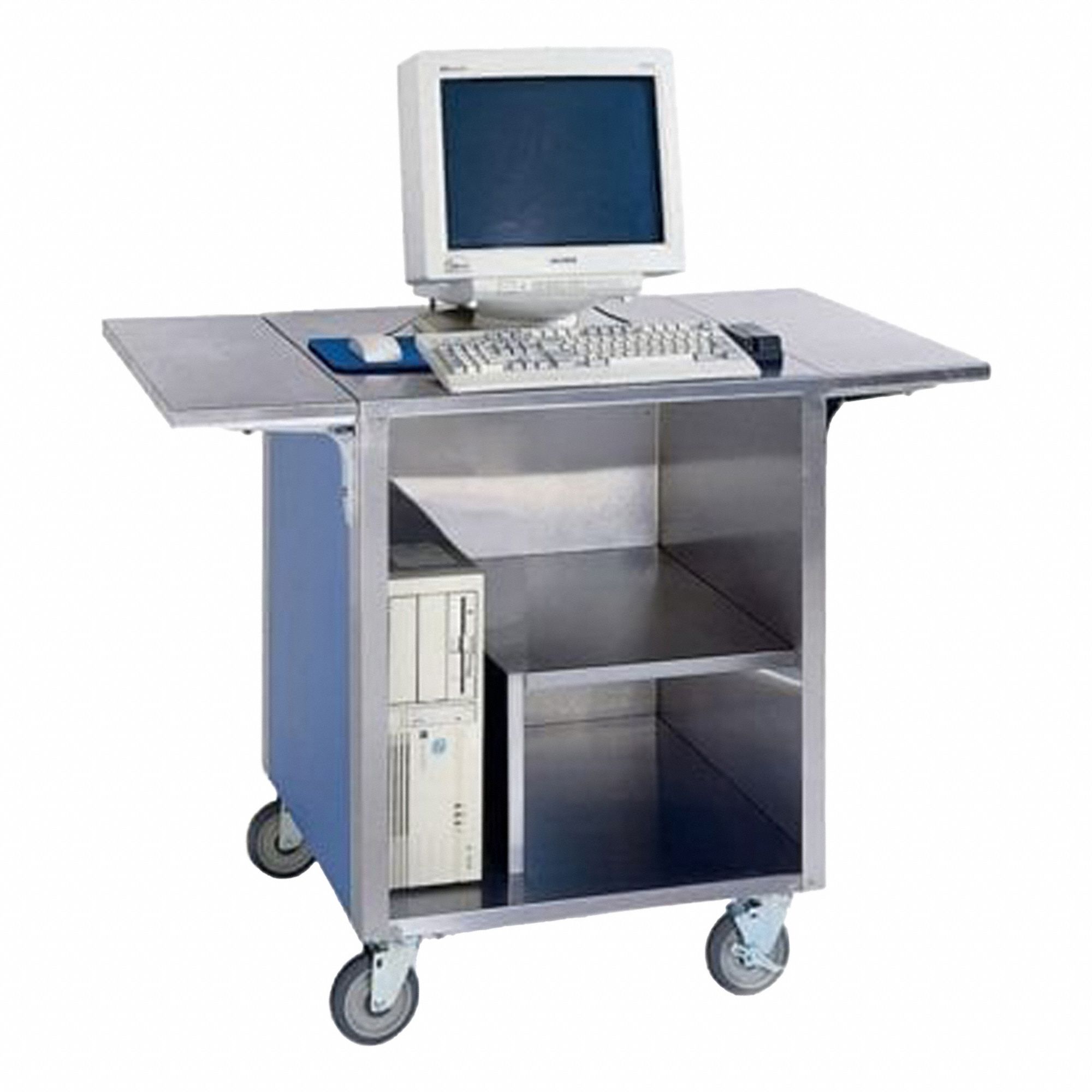 Cashier Stand: 3 Compartments, Blue, Stainless Steel, 26 1/4 in Overall Wd, 35 in Overall Ht, Metal