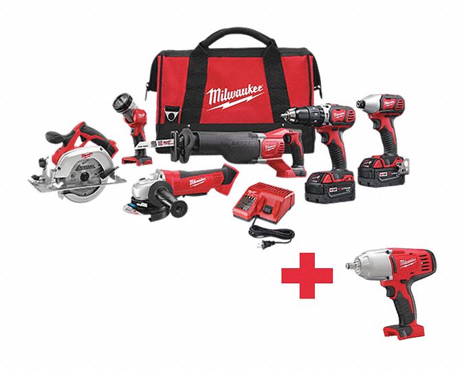 MILWAUKEE, 18V DC Volt, 7 Tools, Cordless Combination Kit 643F852696