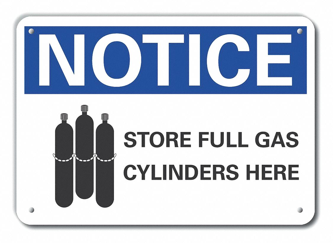 Reflective  Cylinder Handling Notice Sign: Aluminum, Mounting Holes Sign Mounting, Engineer Grade