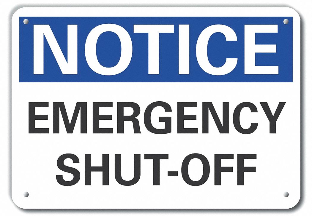 Reflective Emergency Shut Off Notice Sign: Aluminum, Mounting Holes Sign Mounting, Engineer Grade