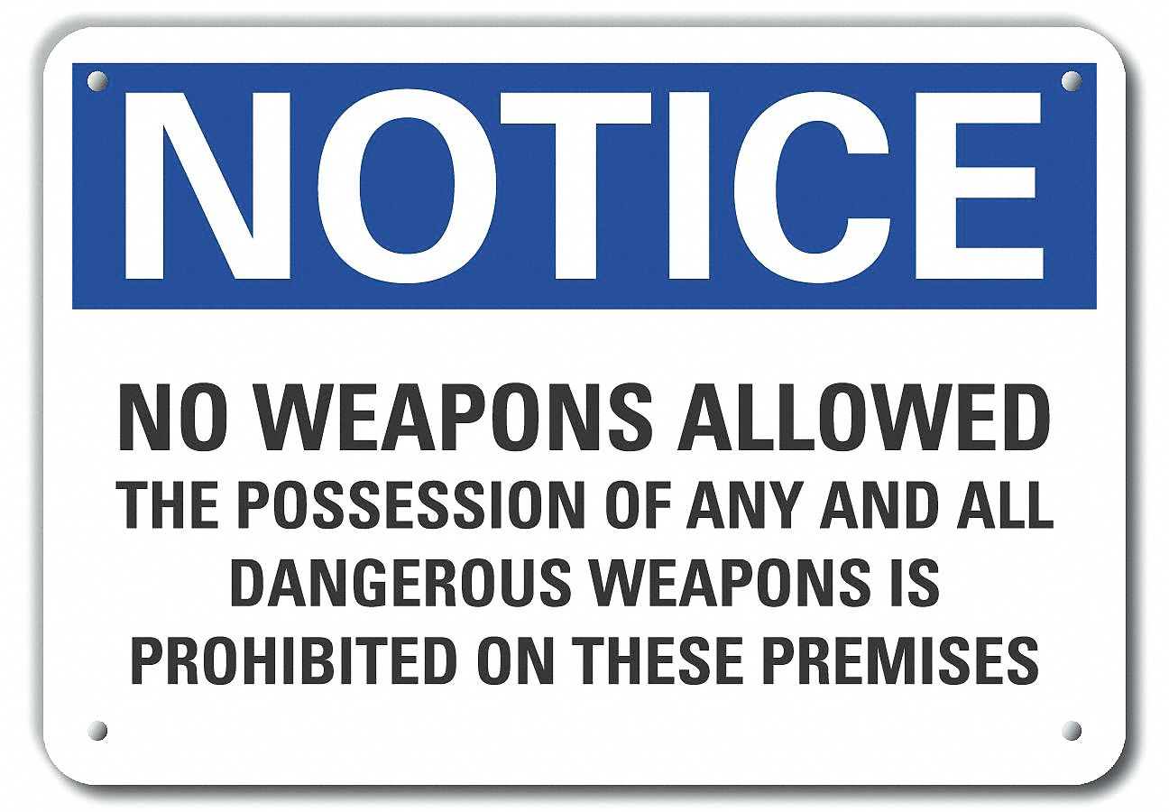 Plastic No Weapons Notice Sign: Plastic, Mounting Holes Sign Mounting, Not Retroreflective