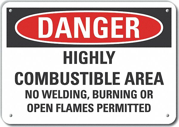 Reflective  Combustible Area Danger Sign: Aluminum, Mounting Holes Sign Mounting, Engineer Grade
