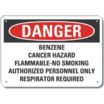 Danger: Benzene Cancer Hazard Flammable No Smoking Authorized Personnel Only Respirator Required Signs