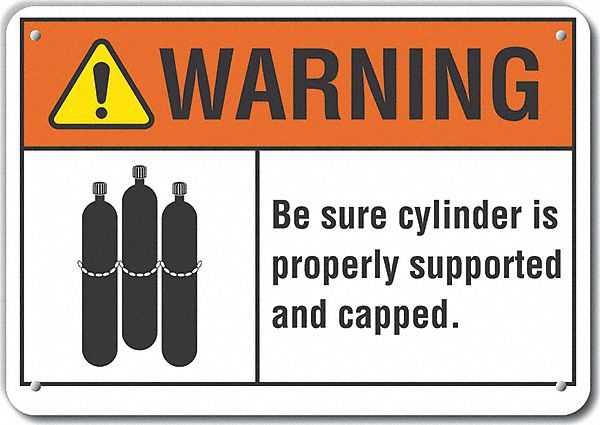 Reflective  Cylinder Handling Warning Sign: Aluminum, Mounting Holes Sign Mounting, Engineer Grade