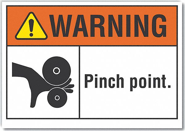 Warning Sign: Non-PVC Polymer, Adhesive Sign Mounting, 7 in x 10 in Nominal Sign Size, Pinch Point.