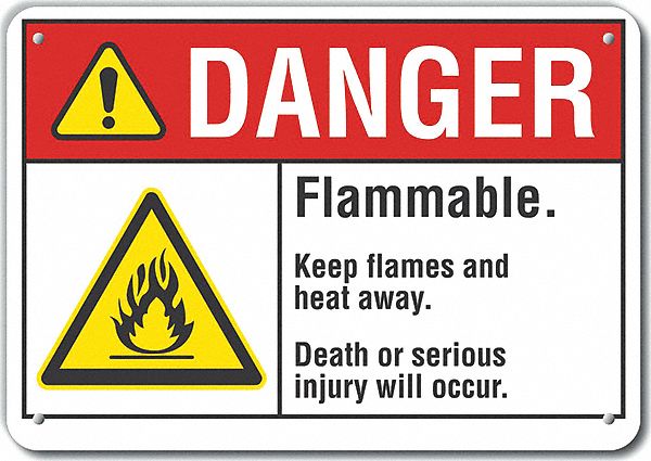 Reflective  Flammable Material Danger Sign: Aluminum, Mounting Holes Sign Mounting, Engineer Grade