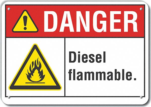 Reflective  Diesel Danger Sign: Aluminum, Mounting Holes Sign Mounting, Engineer Grade