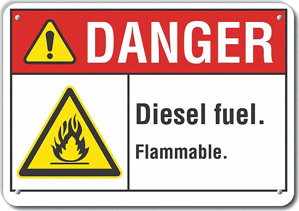 Reflective  Diesel Danger Sign: Aluminum, Mounting Holes Sign Mounting, Engineer Grade