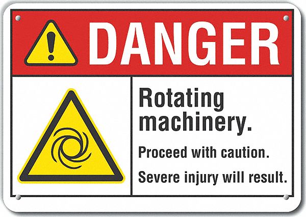 Reflective  Rotating Machinery Danger Sign: Aluminum, Mounting Holes Sign Mounting, Engineer Grade