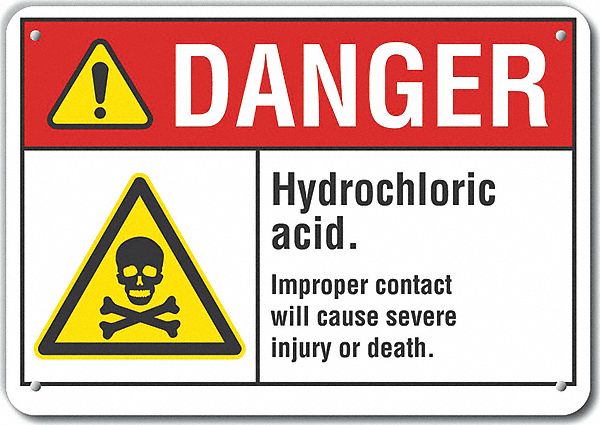 Reflective  Hydrochloric Acid Danger Sign: Aluminum, Mounting Holes Sign Mounting, Engineer Grade