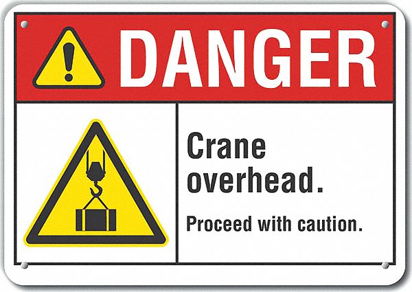 Reflective  Crane & Hoists Danger Sign: Aluminum, Mounting Holes Sign Mounting, Engineer Grade