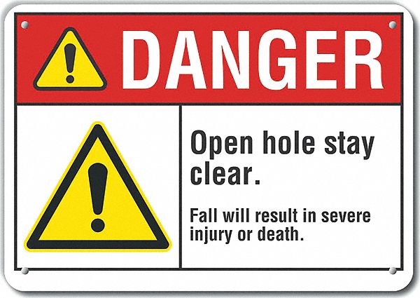 Reflective  Open Hole Danger Sign: Aluminum, Mounting Holes Sign Mounting, Engineer Grade