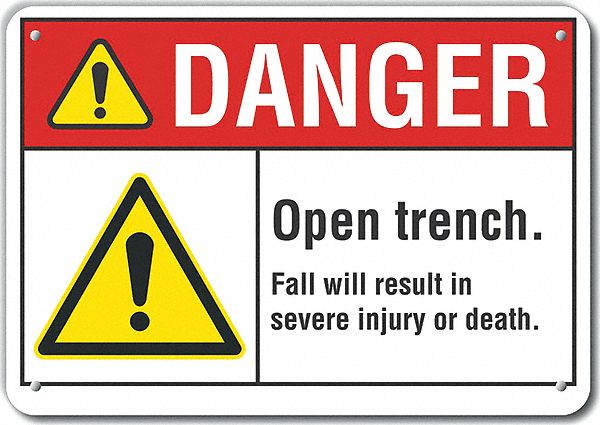 Reflective  Open Trench Danger Sign: Aluminum, Mounting Holes Sign Mounting, Engineer Grade