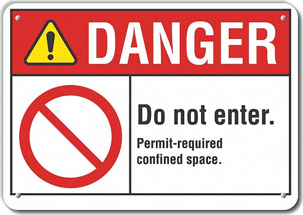 Reflective  Confined Space Danger Sign: Aluminum, Mounting Holes Sign Mounting, Engineer Grade