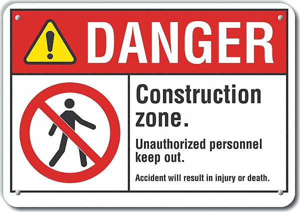 Reflective  Construction Area Danger Sign: Aluminum, Mounting Holes Sign Mounting, Engineer Grade