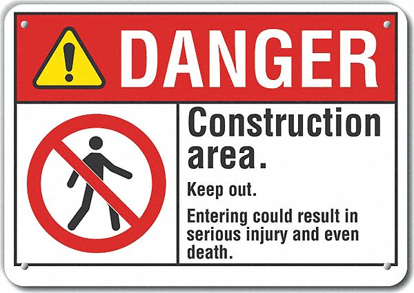 Reflective  Construction Area Danger Sign: Aluminum, Mounting Holes Sign Mounting, Engineer Grade